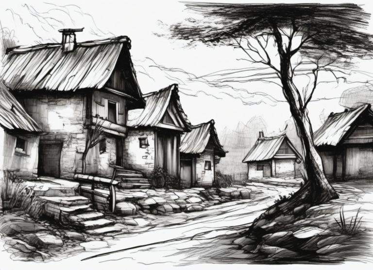 Sketch,Sketch, Village, village, no humans, monochrome, greyscale, tree, scenery, east asian architecture