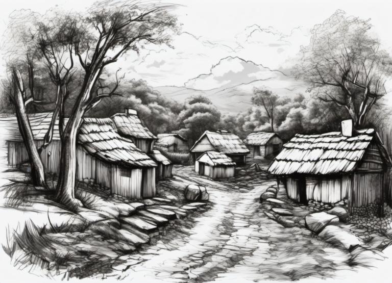 Sketch,Sketch, Village, village, no humans, monochrome, tree, greyscale, scenery, outdoors, cloud