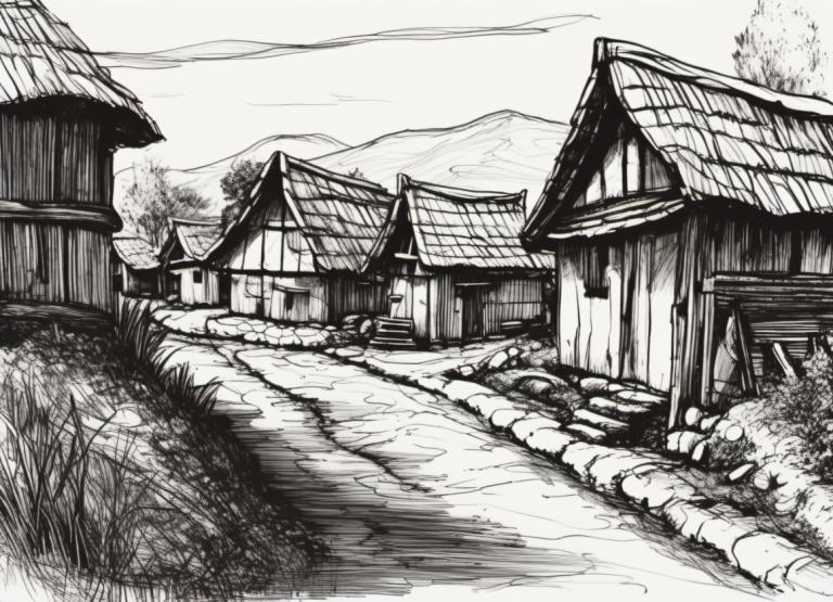 Sketch,Sketch, Village, village, no humans, monochrome, greyscale, scenery, east asian architecture, outdoors