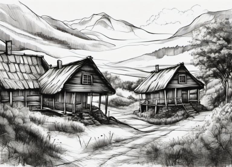 Sketch,Sketch, Village, village, no humans, monochrome, greyscale, scenery, house, tree, traditional media