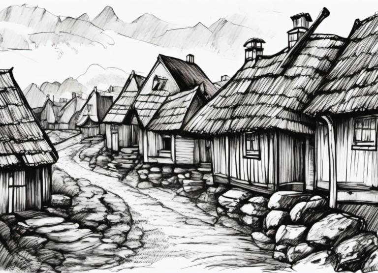 Sketch,Sketch, Village, village, monochrome, no humans, greyscale, scenery, house, traditional media, rock