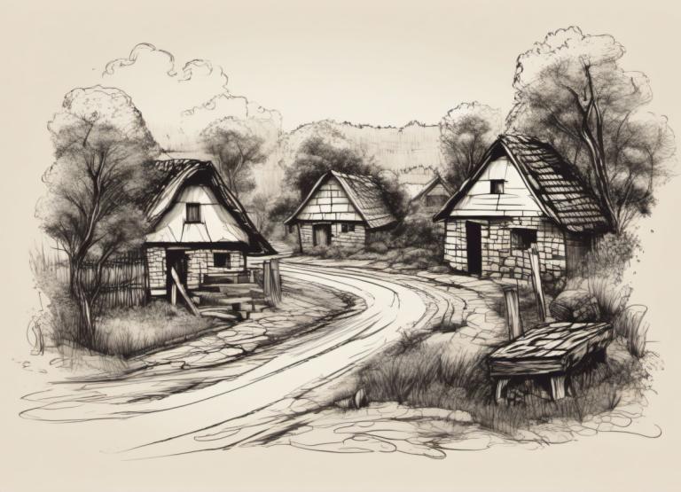 Sketch,Sketch, Village, village, no humans, tree, monochrome, house, traditional media, scenery, outdoors