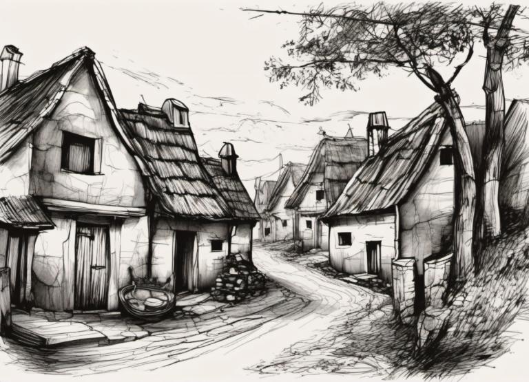 Sketch,Sketch, Village, village, no humans, monochrome, tree, house, scenery, greyscale, outdoors, sky