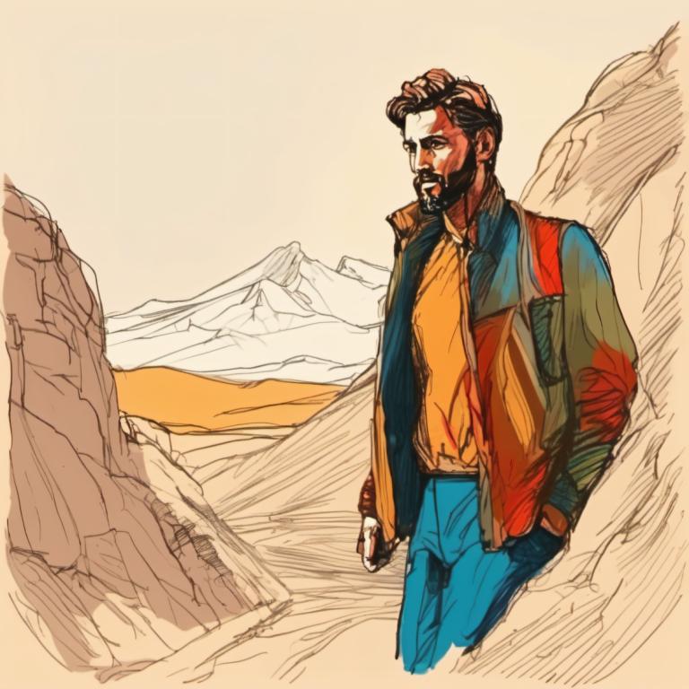 Color Sketch,Color Sketch, People, man, 1boy, male focus, solo, jacket, facial hair, mountain, brown hair