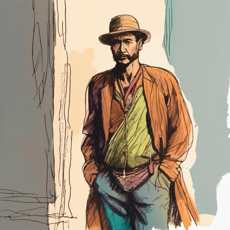 Color Sketch,Color Sketch, People, man, 1boy, solo, male focus, facial hair, hat, beard, hands in pockets