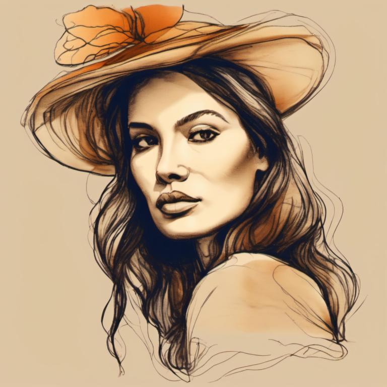 Color Sketch,Color Sketch, People, woman, solo, 1girl, hat, long hair, portrait, flower, monochrome