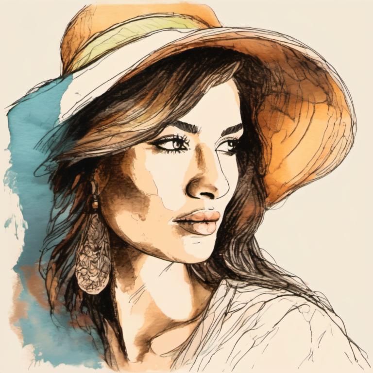 Croquis en couleurs,Croquis en couleurs, Personnes, femme, solo, chapeau, bijoux, des boucles d'oreilles