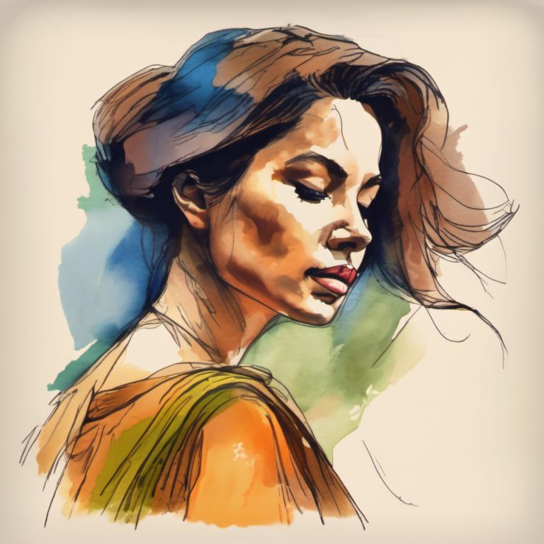 Color Sketch,Color Sketch, People, woman, 1girl, solo, closed eyes, brown hair, lips, sketch, long hair