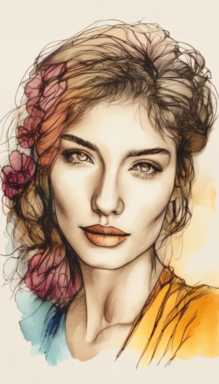 Color Sketch,Color Sketch, People, woman, 1girl, solo, brown hair, portrait, lips, hair ornament, flower