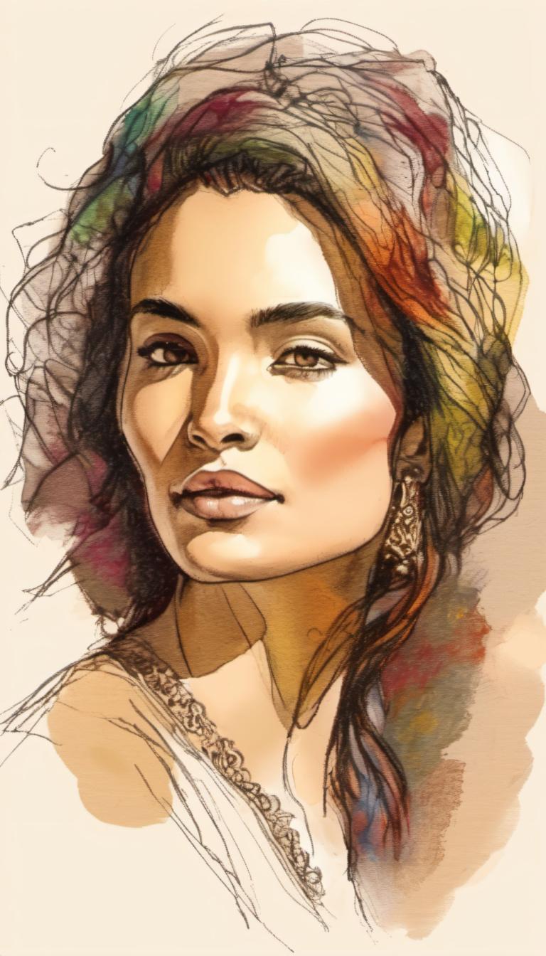 Color Sketch,Color Sketch, People, woman, 1girl, solo, jewelry, earrings, brown eyes, portrait, lips