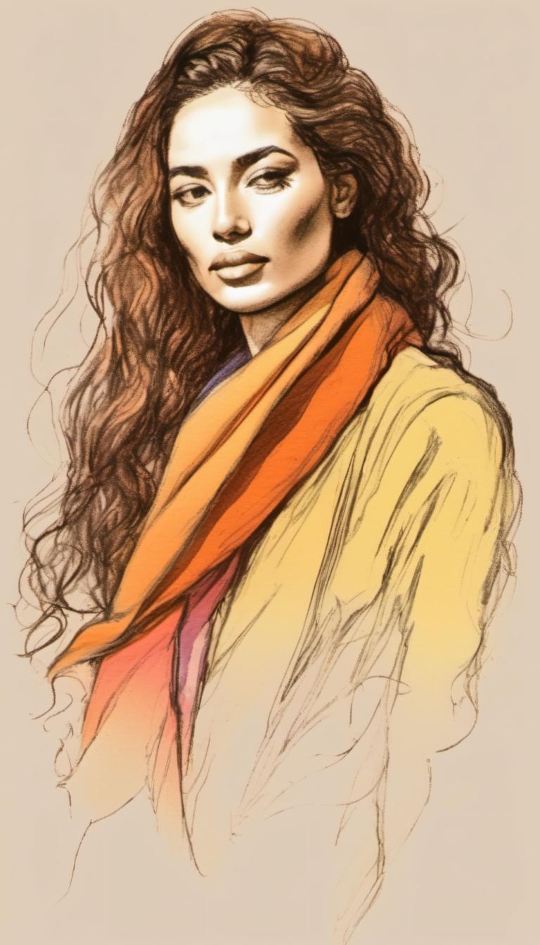 Color Sketch,Color Sketch, People, woman, solo, long hair, scarf, brown hair, 1girl, upper body, brown eyes