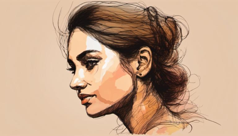 Color Sketch,Color Sketch, People, woman, solo, 1girl, brown hair, earrings, jewelry, lips, portrait, profile