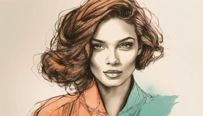 Color Sketch,Color Sketch, People, woman, 1girl, solo, brown hair, sketch, portrait, looking at viewer, lips