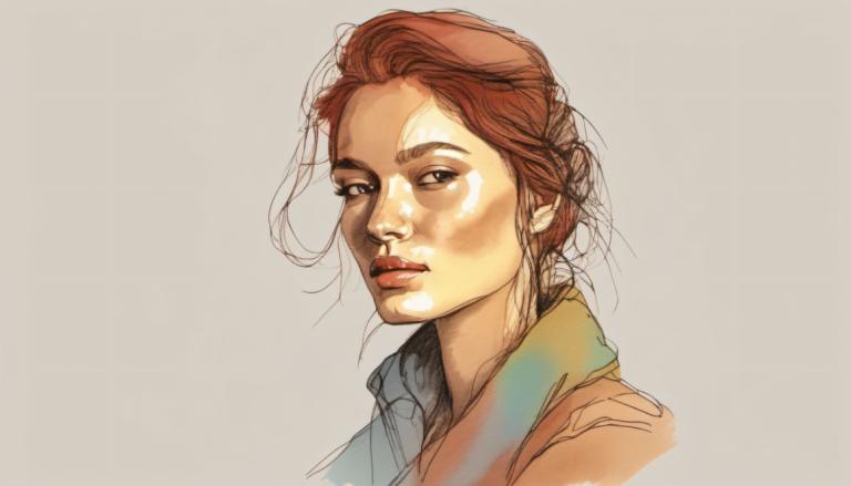 Color Sketch,Color Sketch, People, woman, solo, 1girl, brown hair, lips, simple background, brown eyes