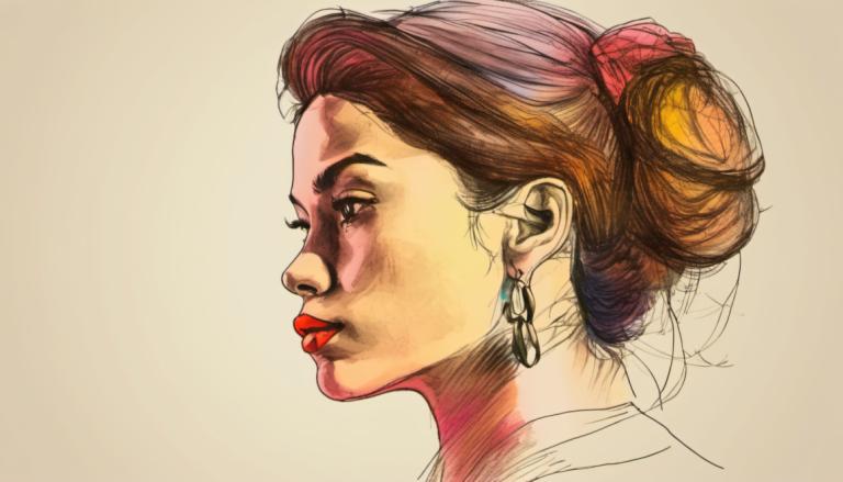 Color Sketch,Color Sketch, People, woman, 1girl, solo, jewelry, earrings, brown hair, hair bun, portrait