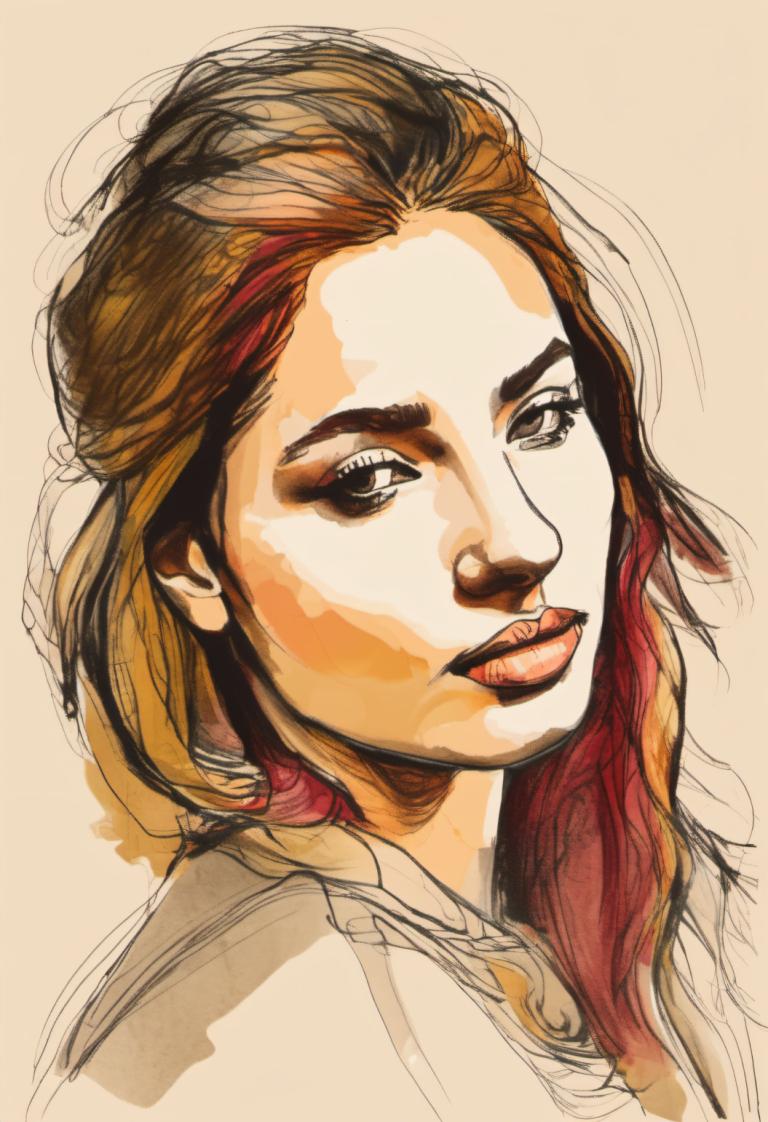 Color Sketch,Color Sketch, People, woman, solo, 1girl, multicolored hair, brown hair, lips, red hair