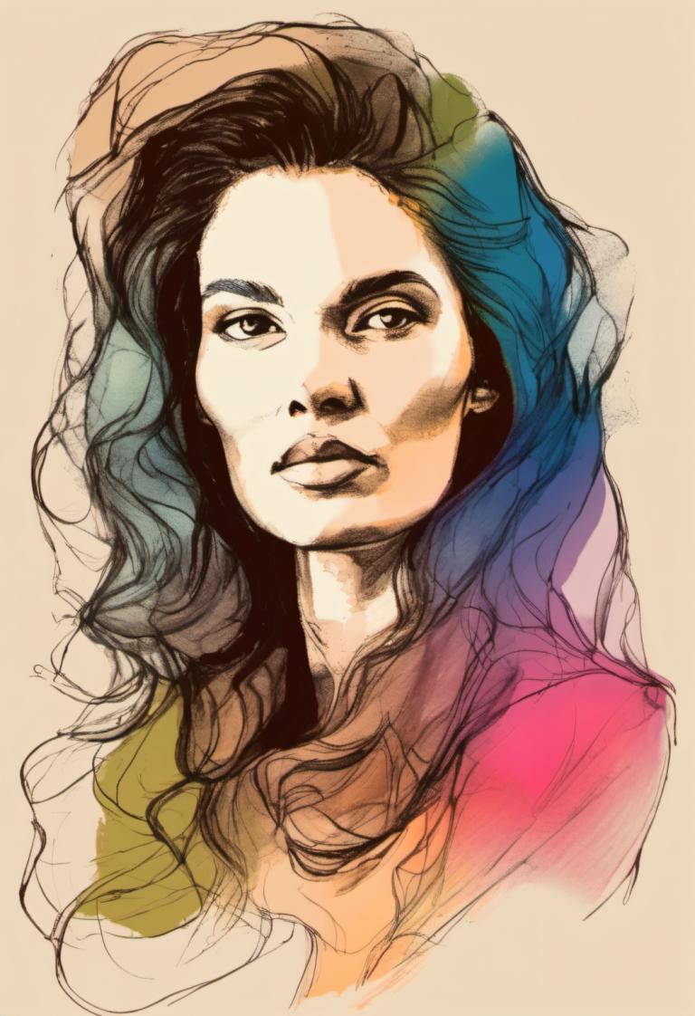 Color Sketch,Color Sketch, People, woman, solo, 1girl, multicolored hair, long hair, black hair, sketch, lips