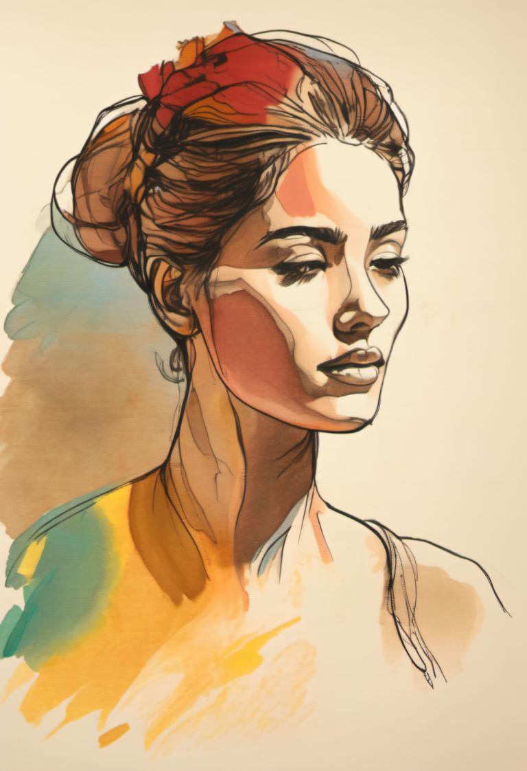 Color Sketch,Color Sketch, People, woman, solo, 1girl, brown hair, hair bun, single hair bun, portrait