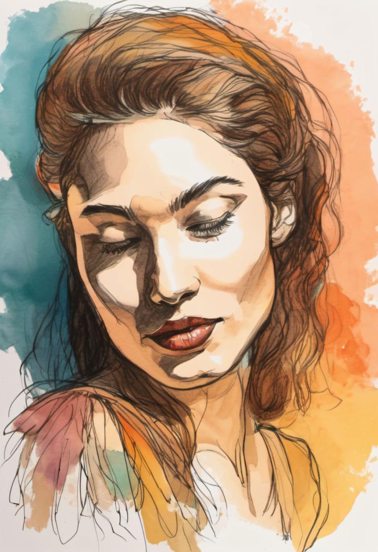 Color Sketch,Color Sketch, People, woman, solo, 1girl, brown hair, closed eyes, portrait, long hair, sketch