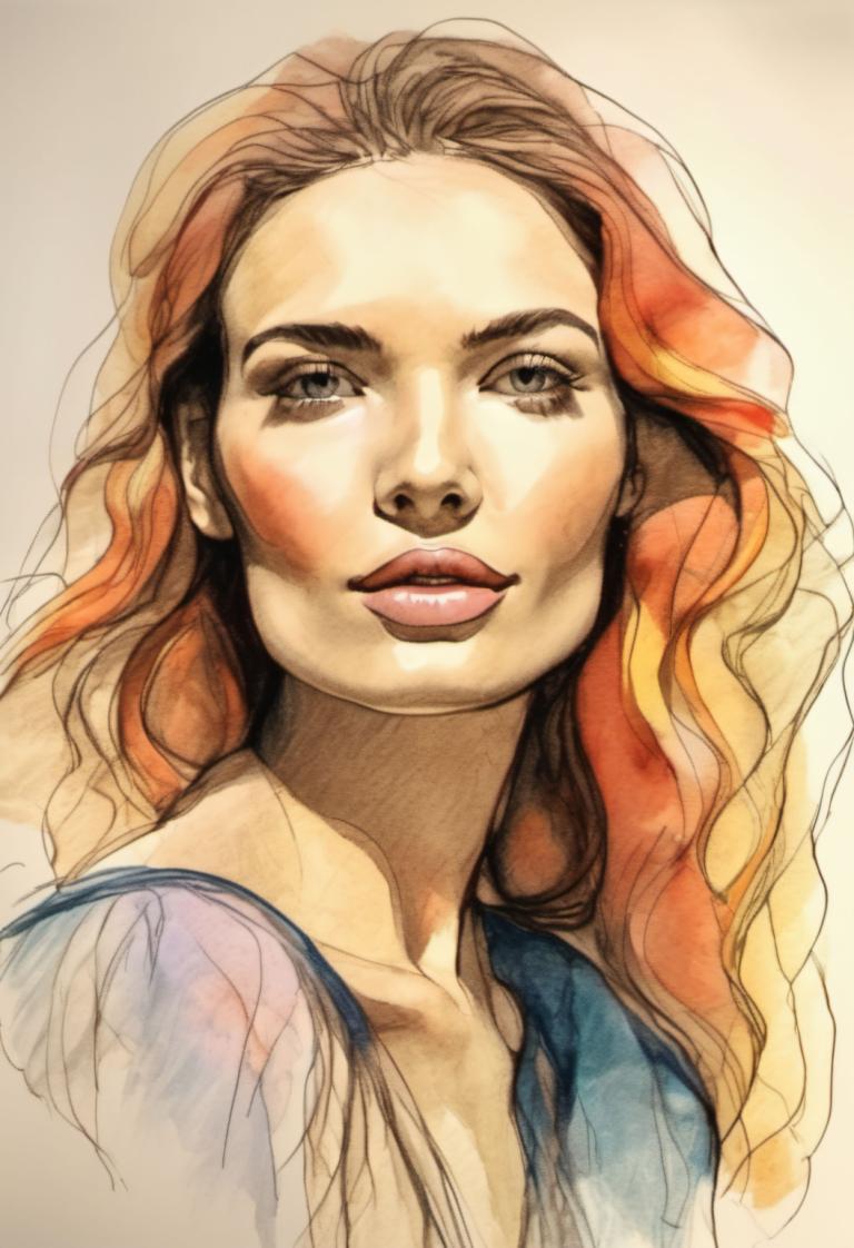 Color Sketch,Color Sketch, People, woman, 1girl, solo, long hair, multicolored hair, lips, brown hair