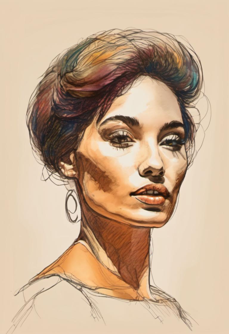 Color Sketch,Color Sketch, People, woman, solo, 1girl, earrings, jewelry, brown hair, portrait, lips