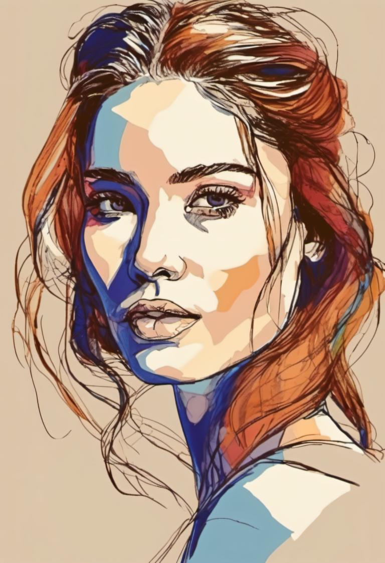 Color Sketch,Color Sketch, People, woman, solo, brown hair, parted lips, looking at viewer, portrait, 1girl