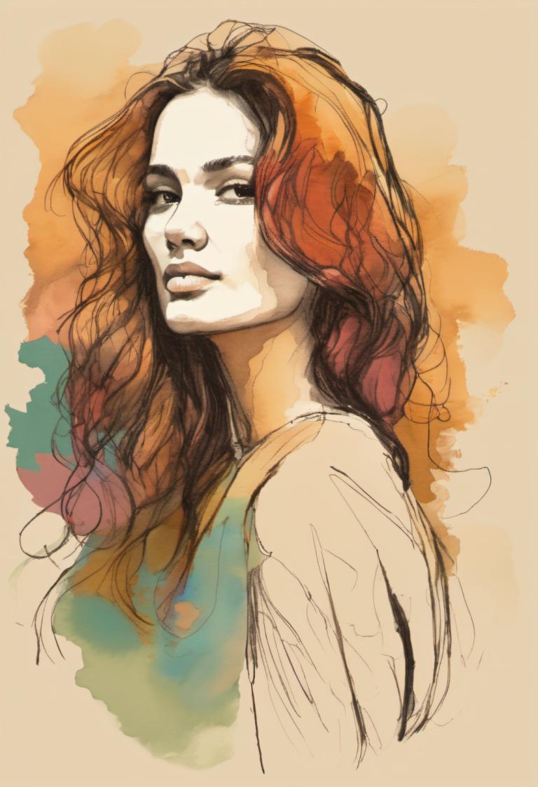 Color Sketch,Color Sketch, People, woman, 1girl, solo, long hair, lips, upper body, looking at viewer, sketch