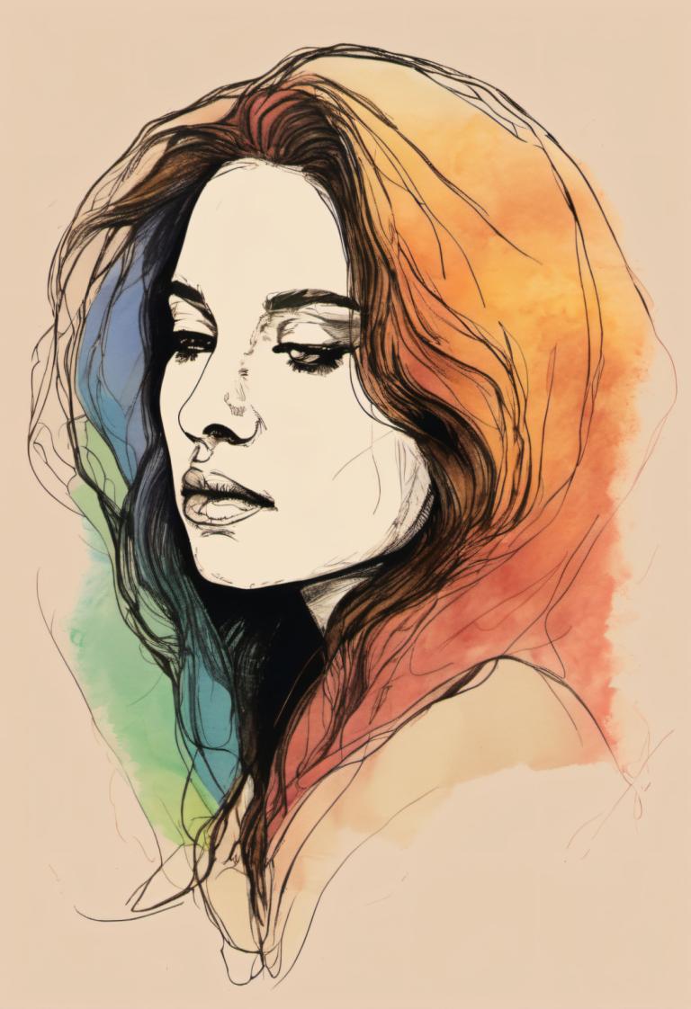 Color Sketch,Color Sketch, People, woman, solo, 1girl, hood, brown hair, portrait, multicolored hair