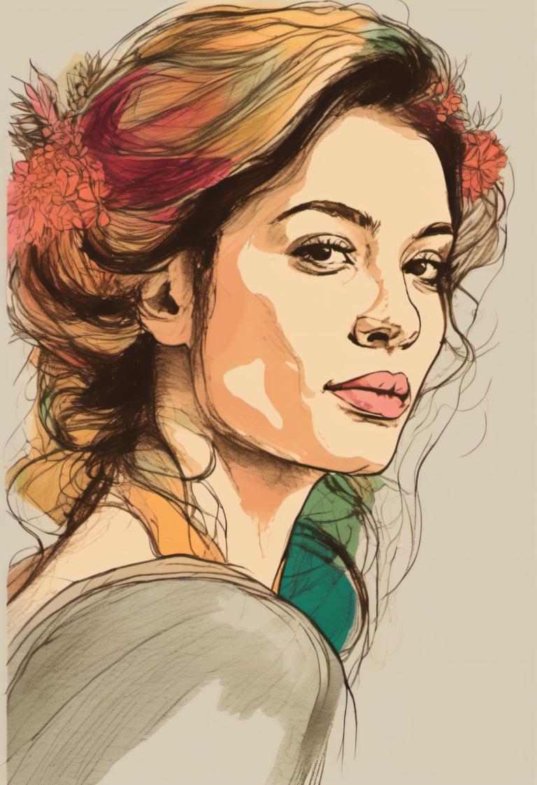 Color Sketch,Color Sketch, People, woman, solo, 1girl, hair ornament, flower, hair flower, brown hair