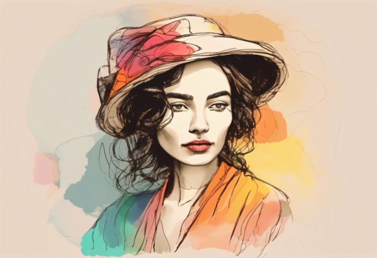 Color Sketch,Color Sketch, People, woman, 1girl, solo, hat, black hair, lips, portrait, upper body, sketch