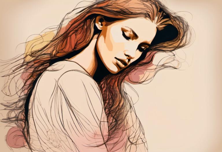 Color Sketch,Color Sketch, People, woman, solo, 1girl, long hair, brown hair, sketch, upper body, closed eyes