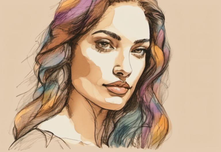 Color Sketch,Color Sketch, People, woman, solo, 1girl, multicolored hair, portrait, brown eyes, lips