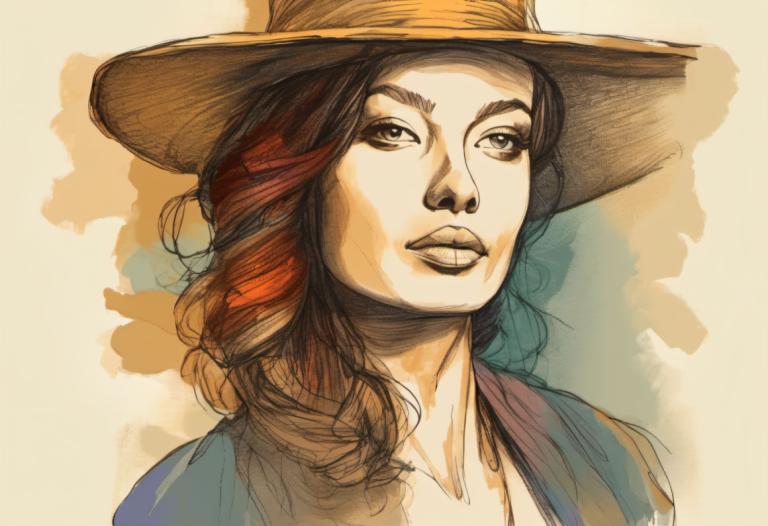 Color Sketch,Color Sketch, People, woman, solo, hat, portrait, 1girl, brown hair, long hair, male focus, lips