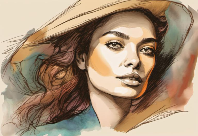 Color Sketch,Color Sketch, People, woman, solo, portrait, hat, brown hair, 1girl, long hair, parted lips