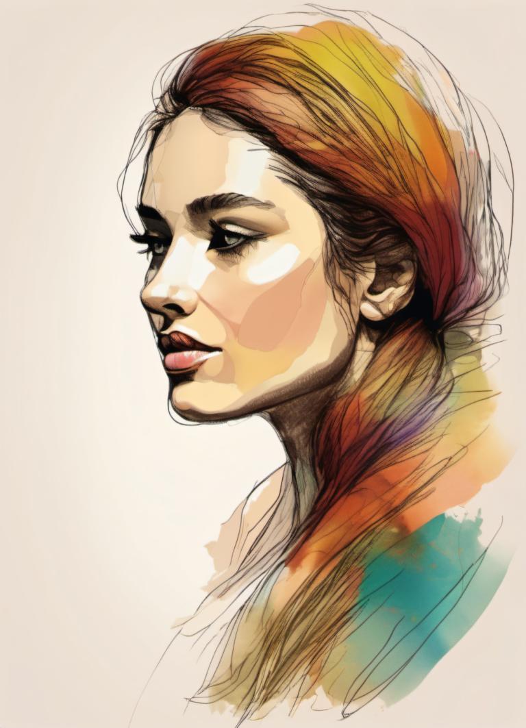 Color Sketch,Color Sketch, People, woman, solo, 1girl, lips, long hair, portrait, nose, multicolored hair