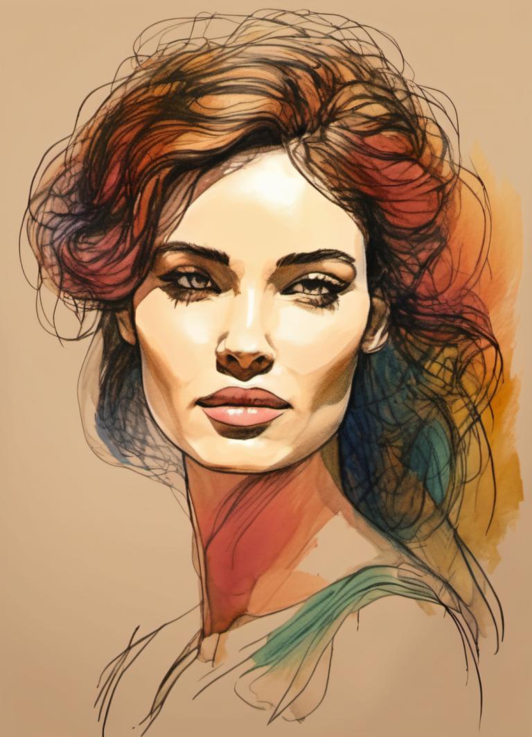 Color Sketch,Color Sketch, People, woman, 1girl, solo, brown hair, brown eyes, lips, portrait, sketch