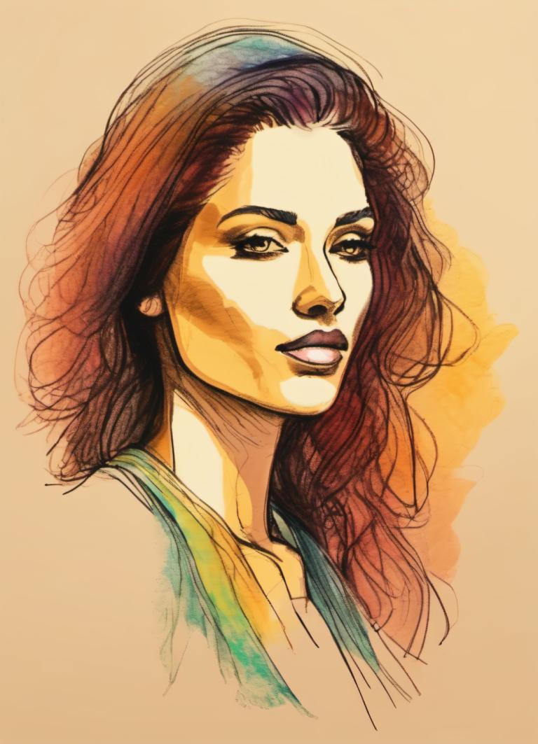 Color Sketch,Color Sketch, People, woman, solo, 1girl, long hair, brown hair, brown eyes, portrait, lips