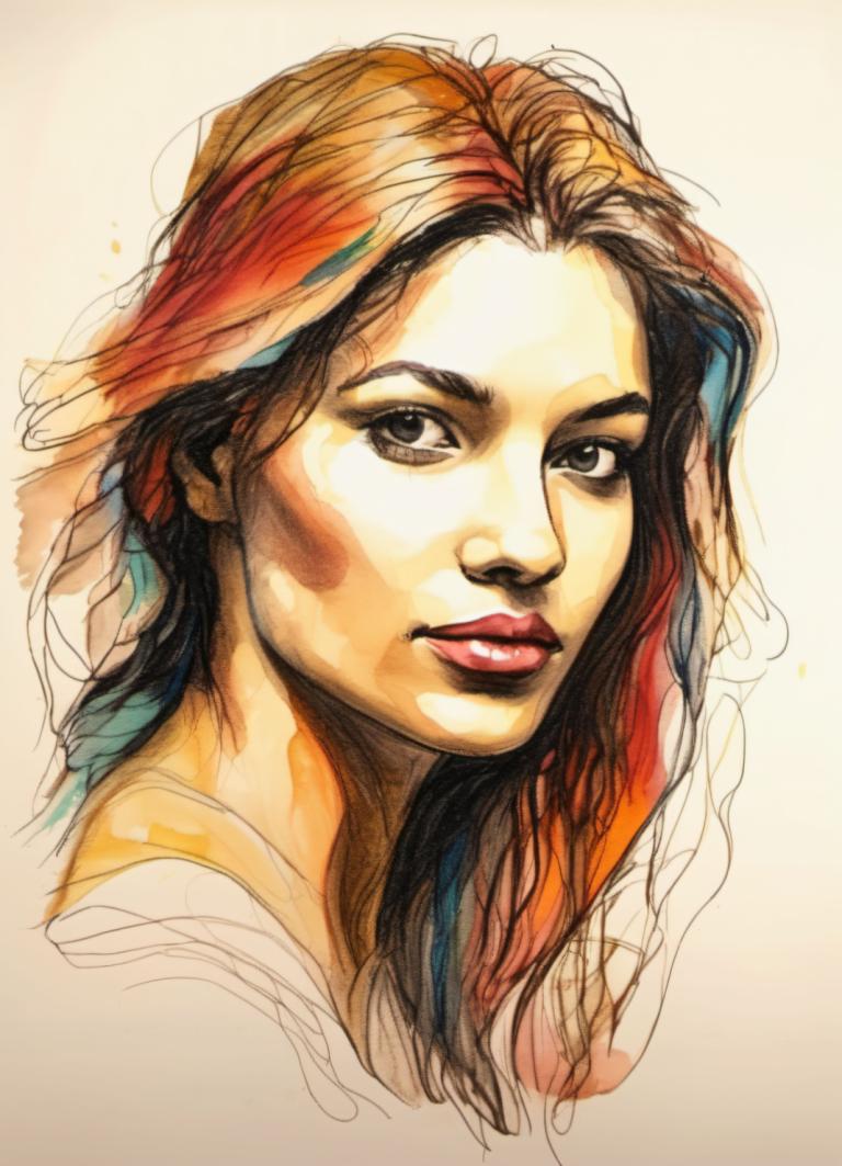 Color Sketch,Color Sketch, People, woman, 1girl, solo, multicolored hair, portrait, looking at viewer, lips