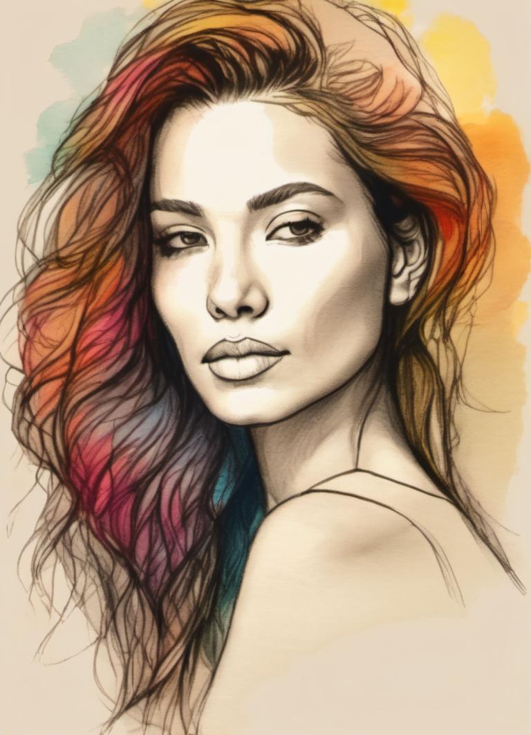 Color Sketch,Color Sketch, People, woman, solo, 1girl, multicolored hair, long hair, lips, brown hair