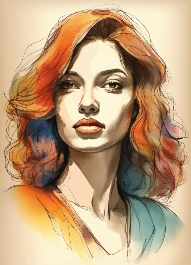 Boceto en color,Boceto en color, Gente, mujer, 1 chica, solo, pelo multicolor, retrato, labios