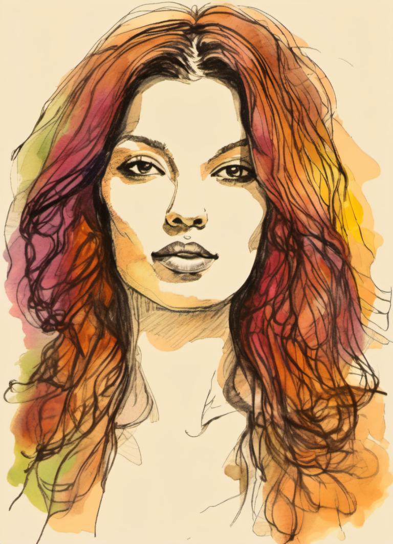 Color Sketch,Color Sketch, People, woman, solo, 1girl, portrait, long hair, red hair, sketch, parted lips