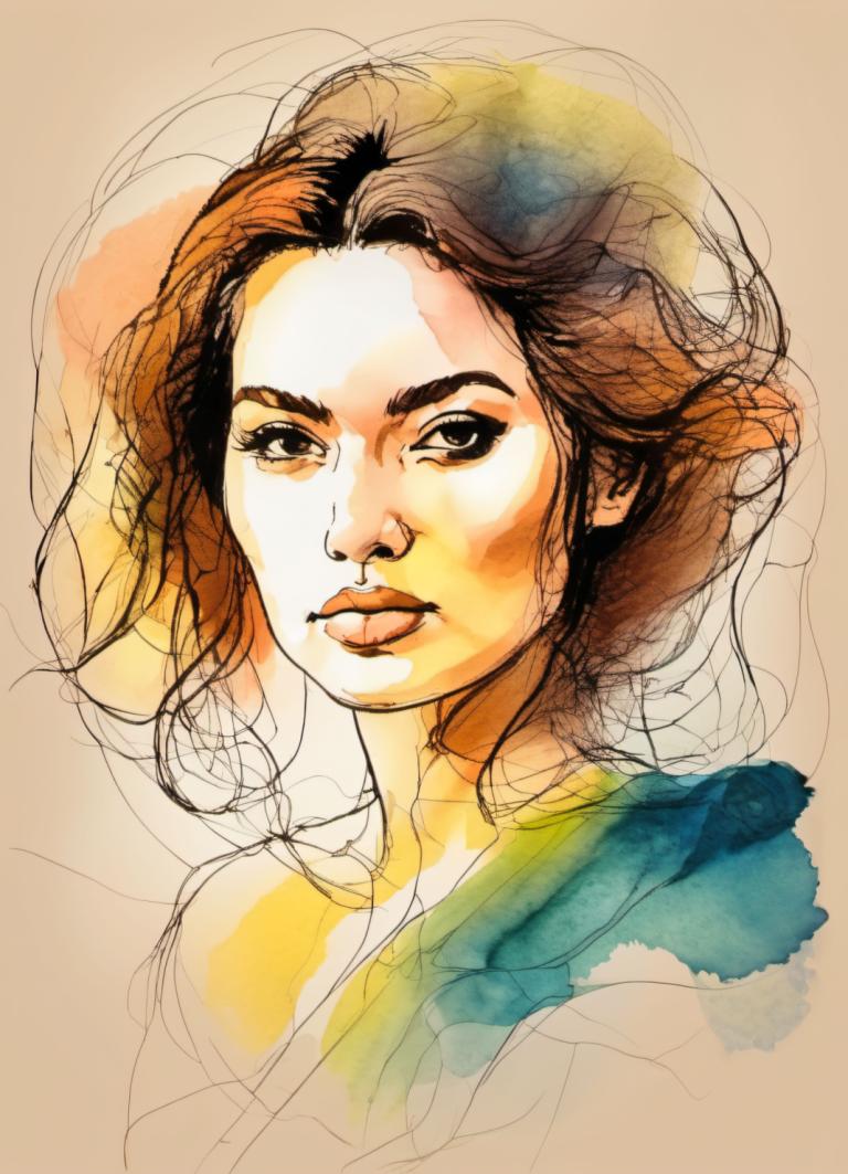 Color Sketch,Color Sketch, People, woman, solo, 1girl, brown hair, lips, sketch, looking at viewer, portrait