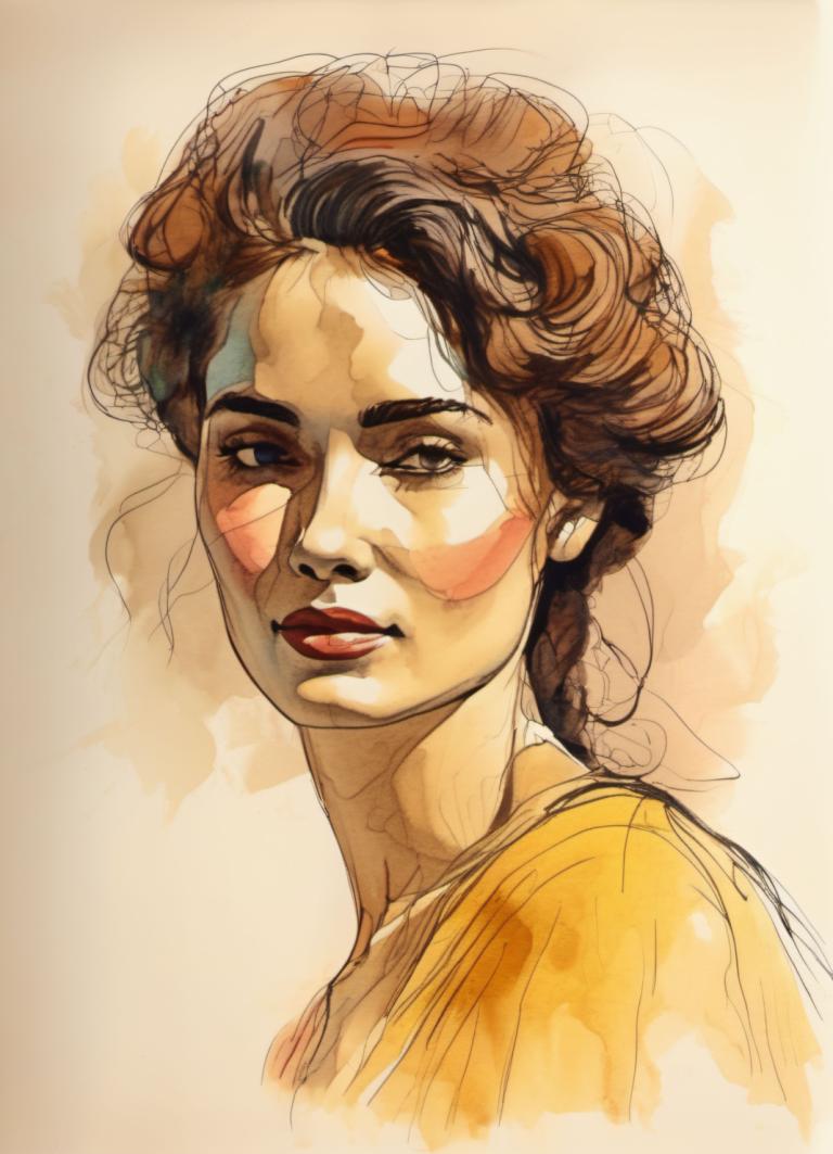 Color Sketch,Color Sketch, People, woman, solo, facepaint, brown hair, 1girl, lips, sketch, looking at viewer