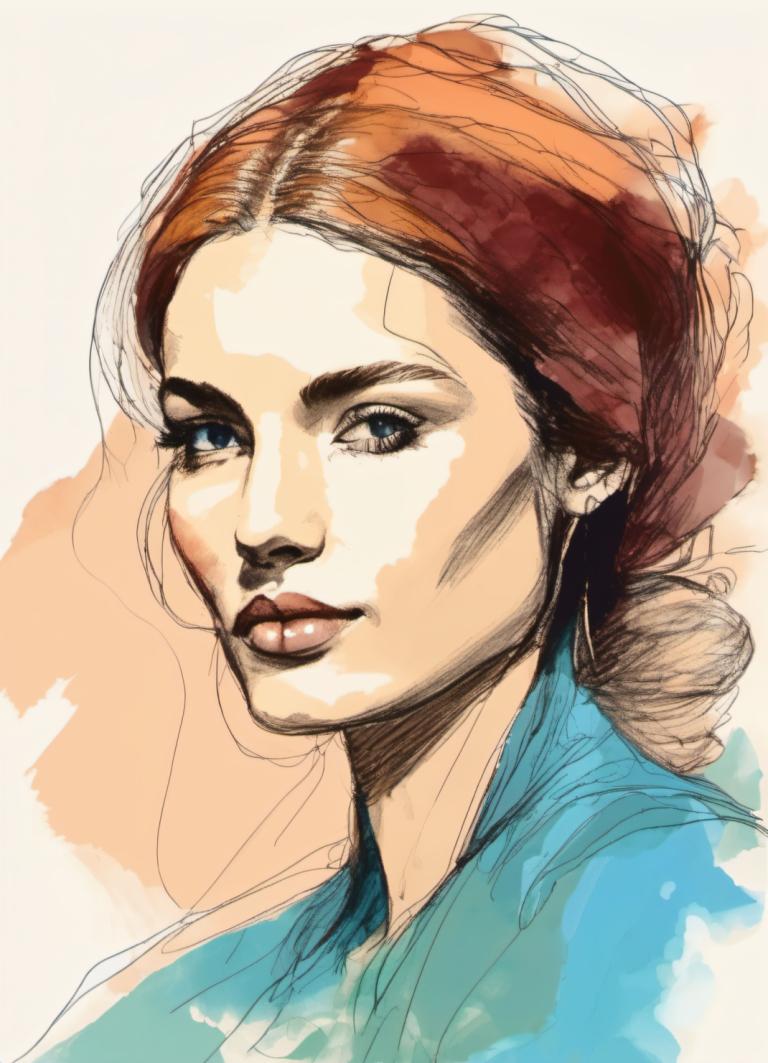 Color Sketch,Color Sketch, People, woman, 1girl, solo, blue eyes, brown hair, lips, portrait, sketch