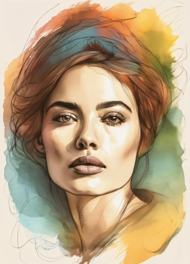 Color Sketch,Color Sketch, People, woman, solo, brown hair, brown eyes, portrait, lips, looking at viewer