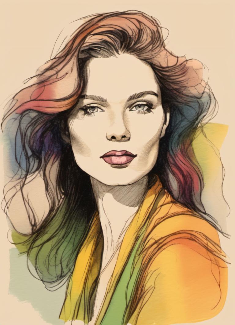 Boceto en color,Boceto en color, Gente, mujer, 1 chica, solo, labios, pelo multicolor, Pelo castaño