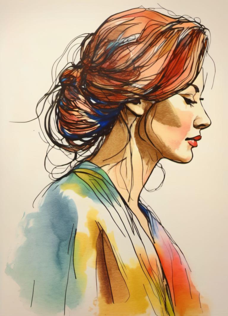 Color Sketch,Color Sketch, People, woman, 1girl, solo, closed eyes, profile, brown hair, upper body, red lips