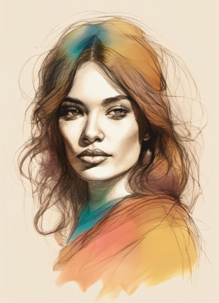 Color Sketch,Color Sketch, People, woman, solo, 1girl, brown hair, long hair, looking at viewer, portrait