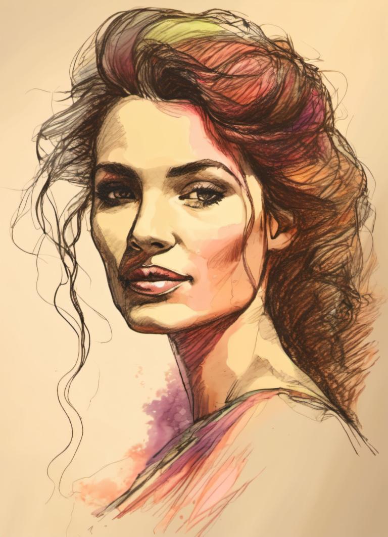 Color Sketch,Color Sketch, People, woman, 1girl, solo, brown hair, portrait, smile, long hair, lips