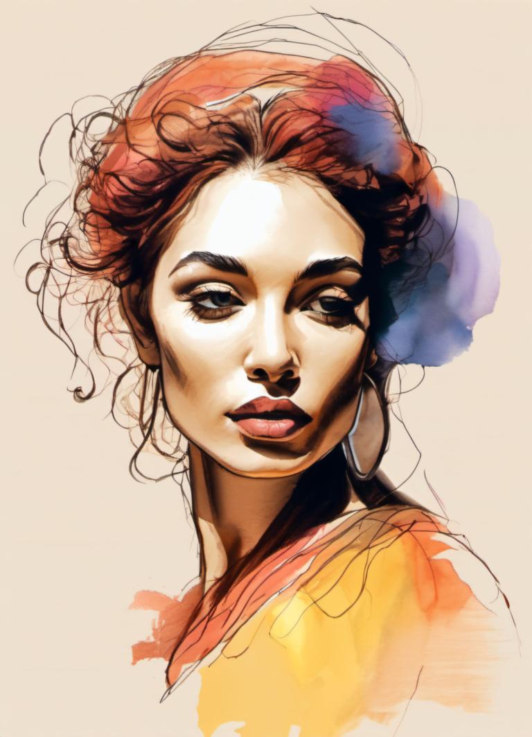 Color Sketch,Color Sketch, People, woman, 1girl, solo, lips, brown hair, earrings, jewelry, portrait, sketch